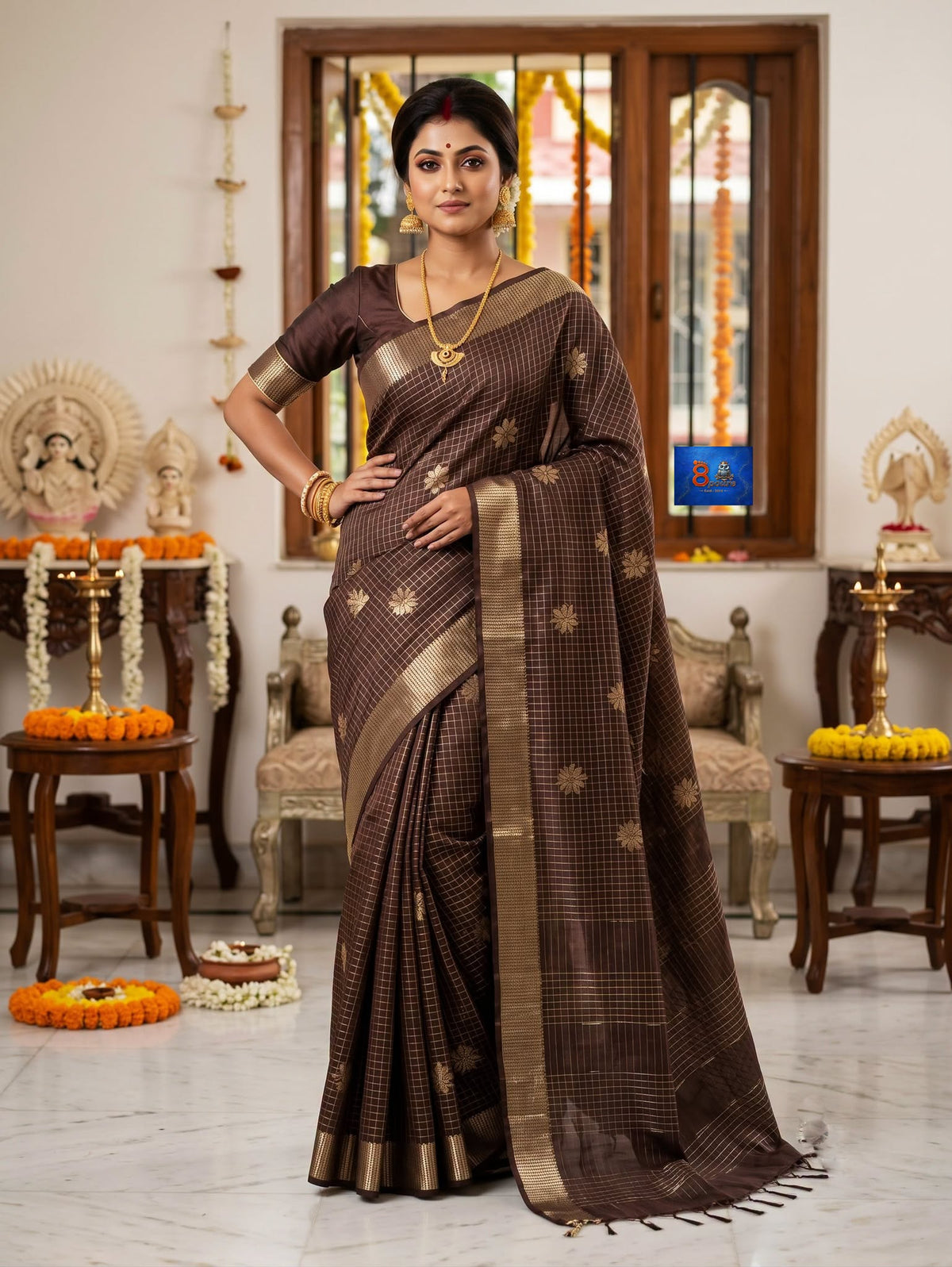 Kanchipuram Kattam SICO Saree - Chocolate Brown