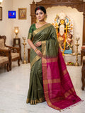Authentic Handloom Pure Ghicha Silk Saree (Olive green with magenta pink and gold)