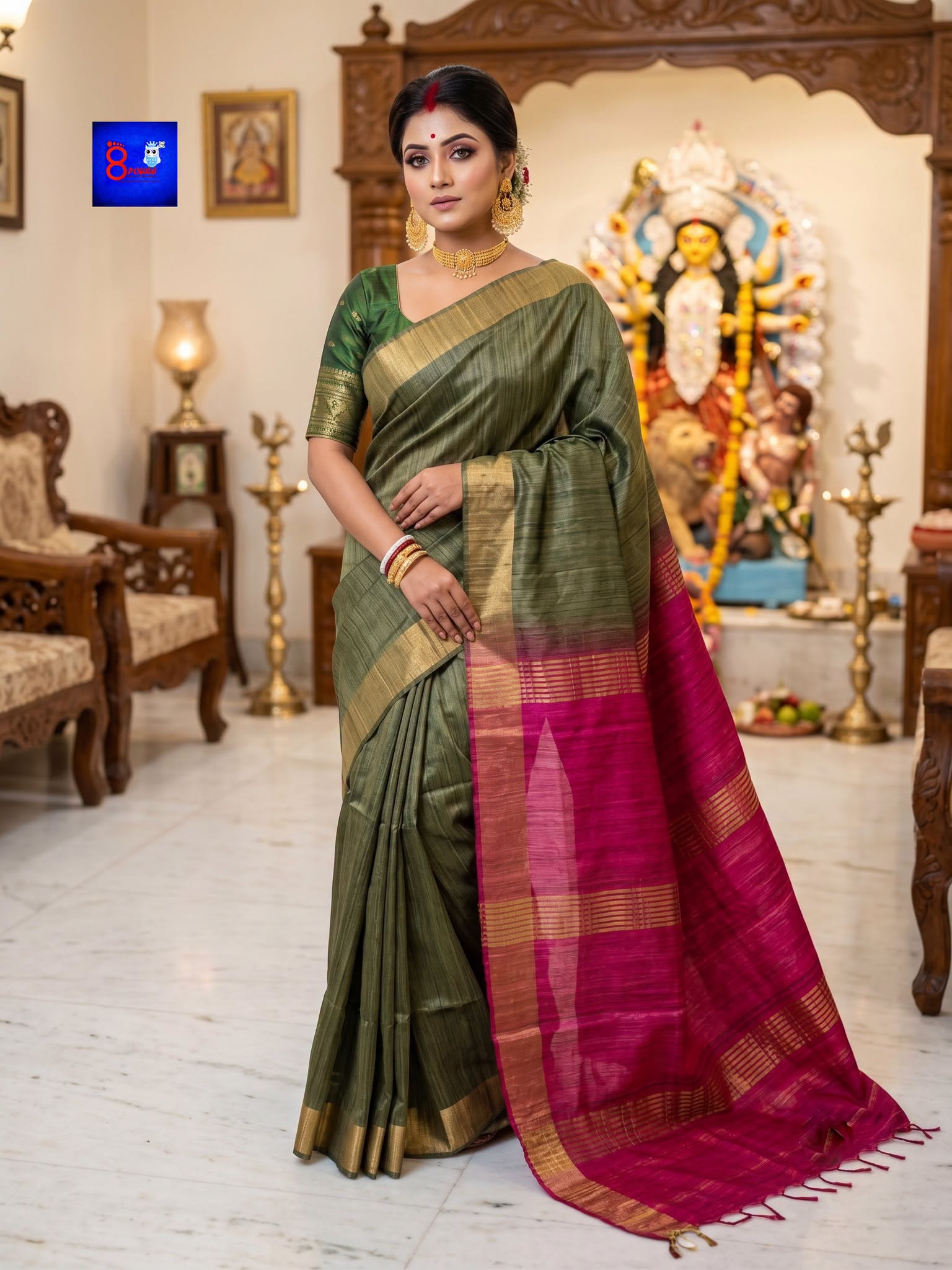 Authentic Handloom Pure Ghicha Silk Saree (Olive green with magenta pink and gold)