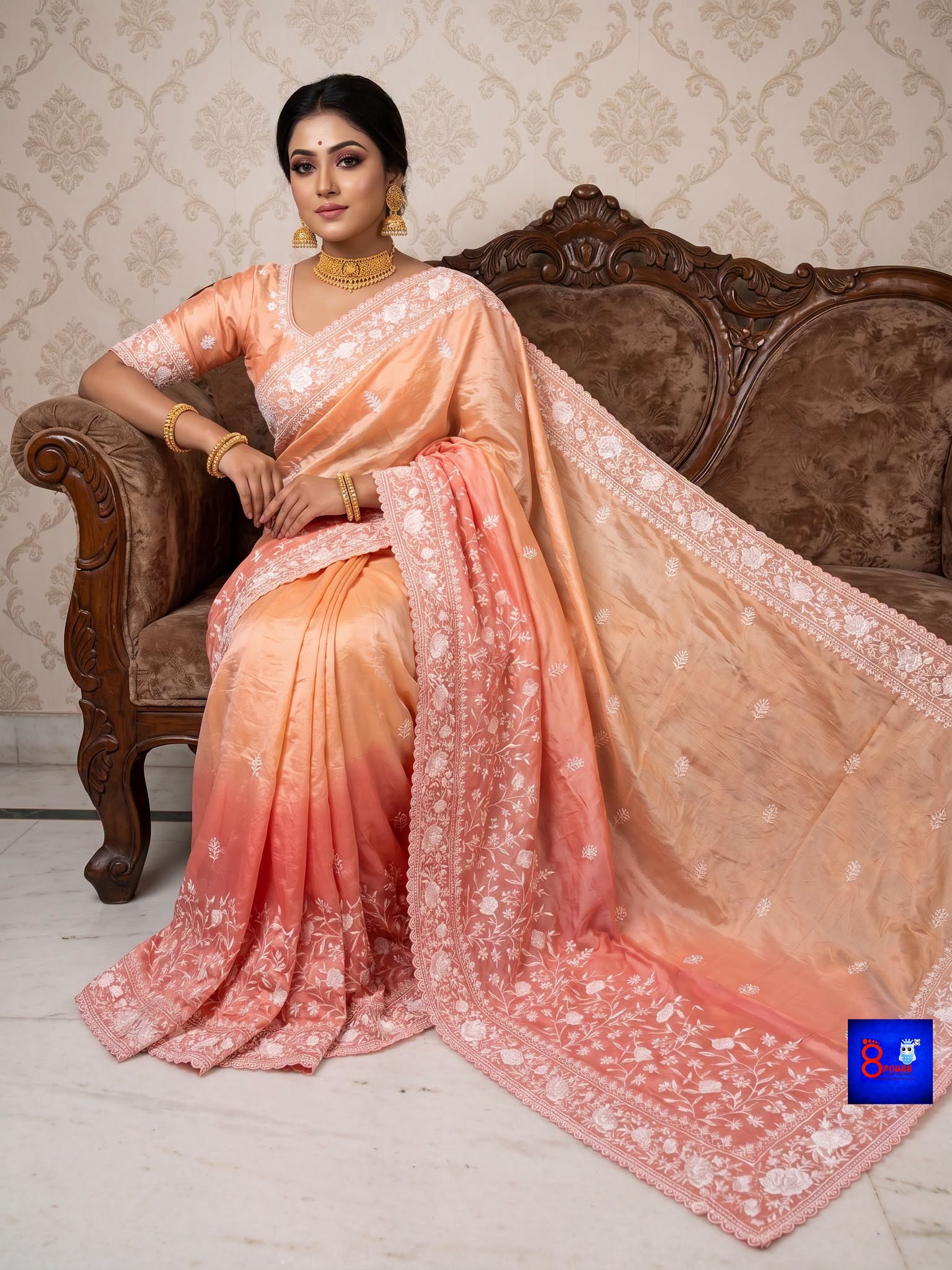 Chiffon Tissue Chikankari Parshi Embroidered Saree
