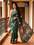 Blended Bangalore Silk Kantha Saree - Forest Green