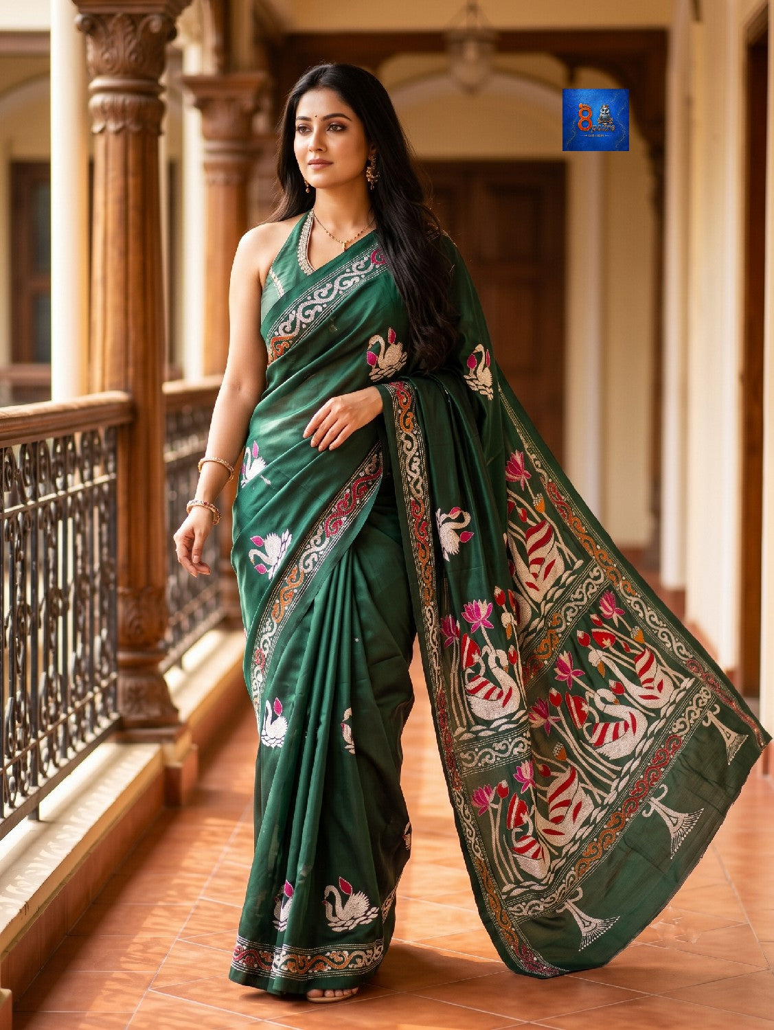 Blended Bangalore Silk Kantha Saree - Forest Green