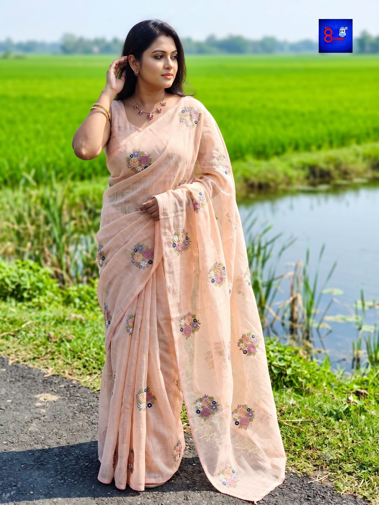 Floral Embroidered Linen Saree