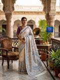 Pure Tussar Kantha Stich Saree - Beige with Teal Blue