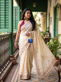 Pure Linen Kashmiri Embroidered Saree - Light Yellow