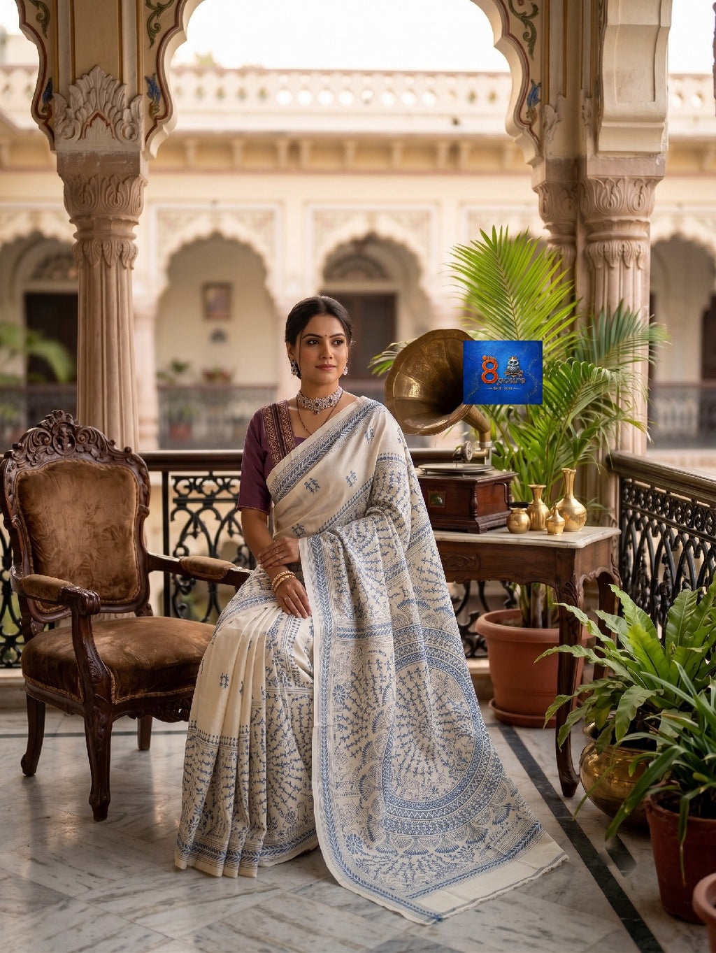 Pure Tussar Kantha Stich Saree - Beige with Teal Blue