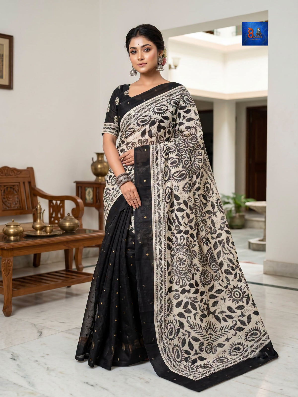 Jamkantha Saree - Black & Off-White Printed Saree
