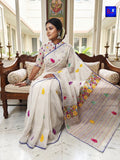 Resham Check French Knot Embroidery Saree (White)