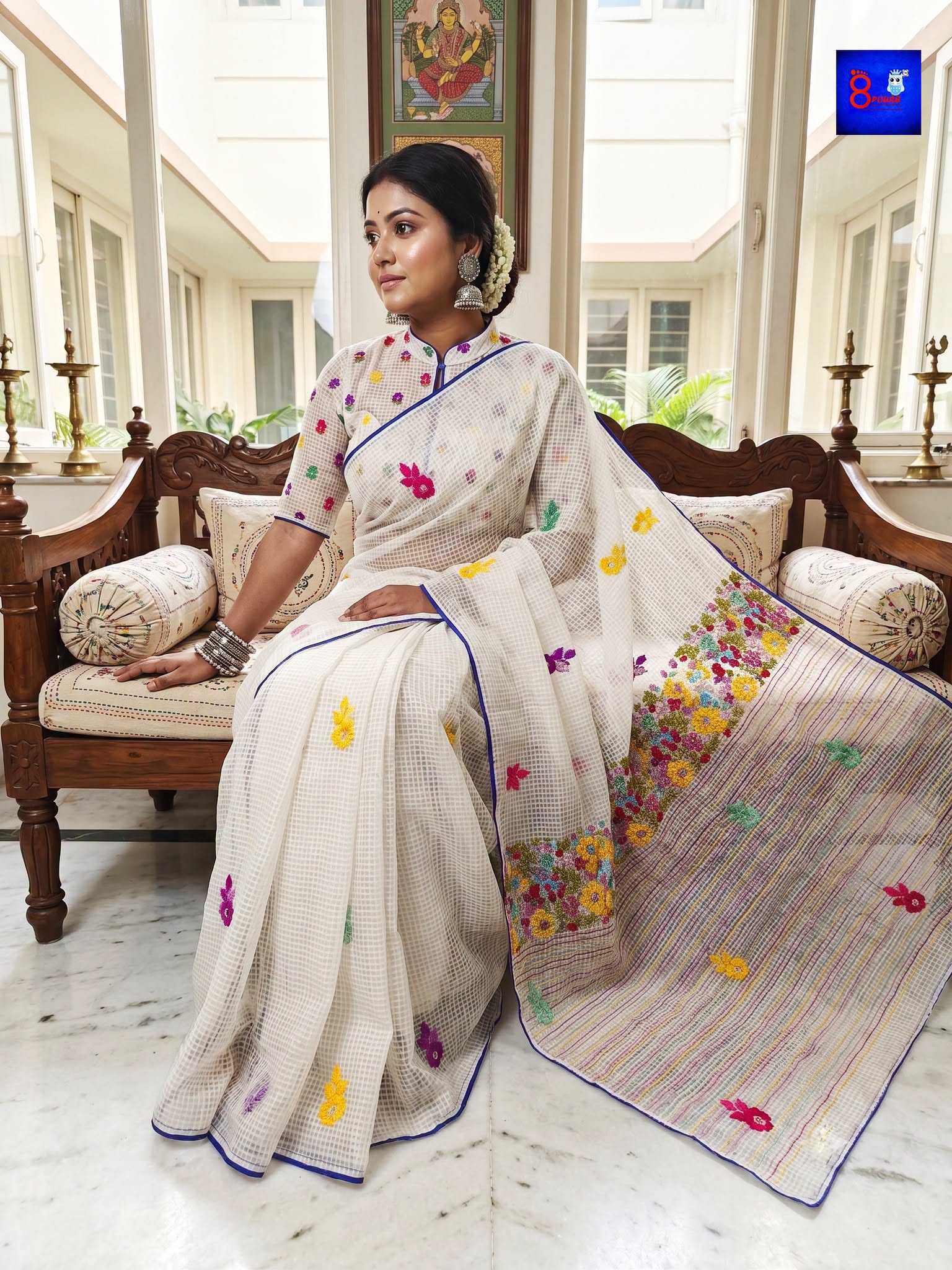 Resham Check French Knot Embroidery Saree (White)