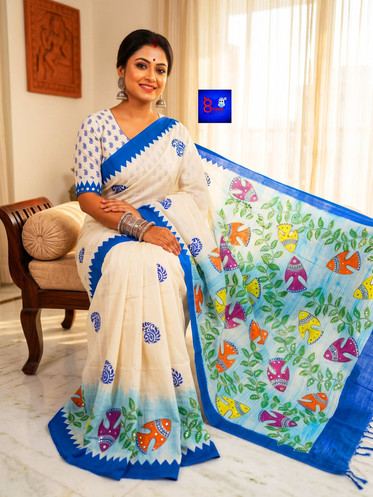 Pure Cotton Glittering Canvas Saree - Aqua Blue
