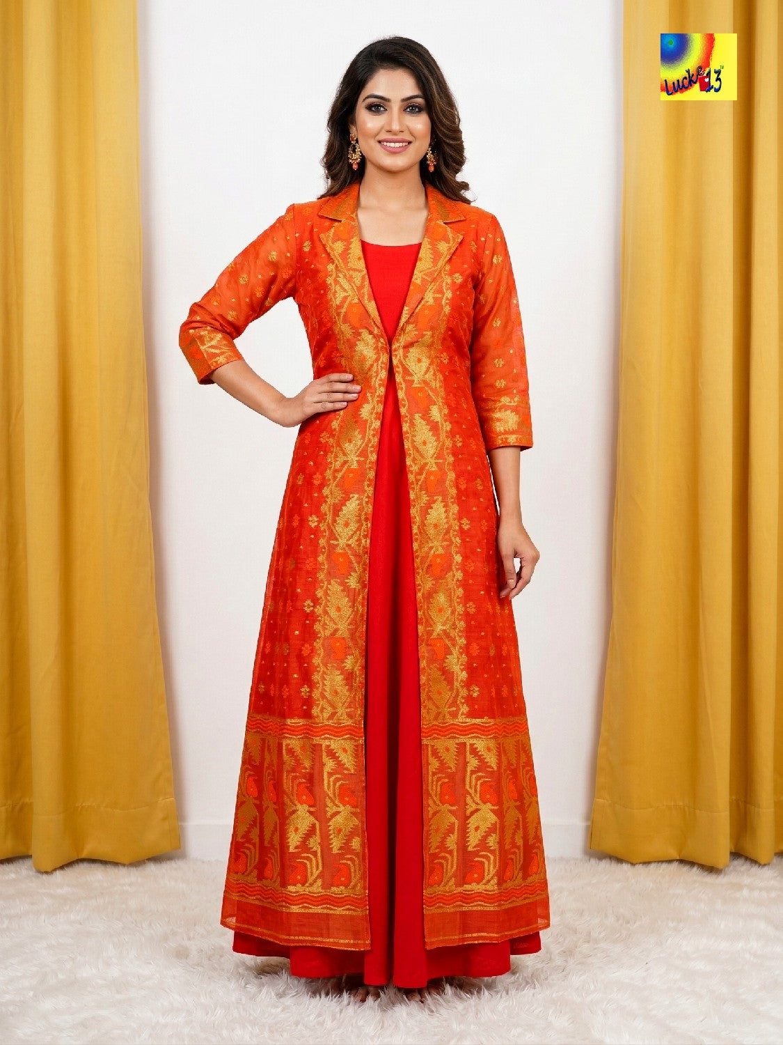 Jamdani Shrug & Cotton Sleeveless Dress set - Orange Golden Zari