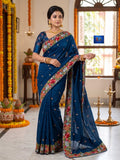 Gara Parsi Work On Pure Crushed Satin Saree - Navy Blue