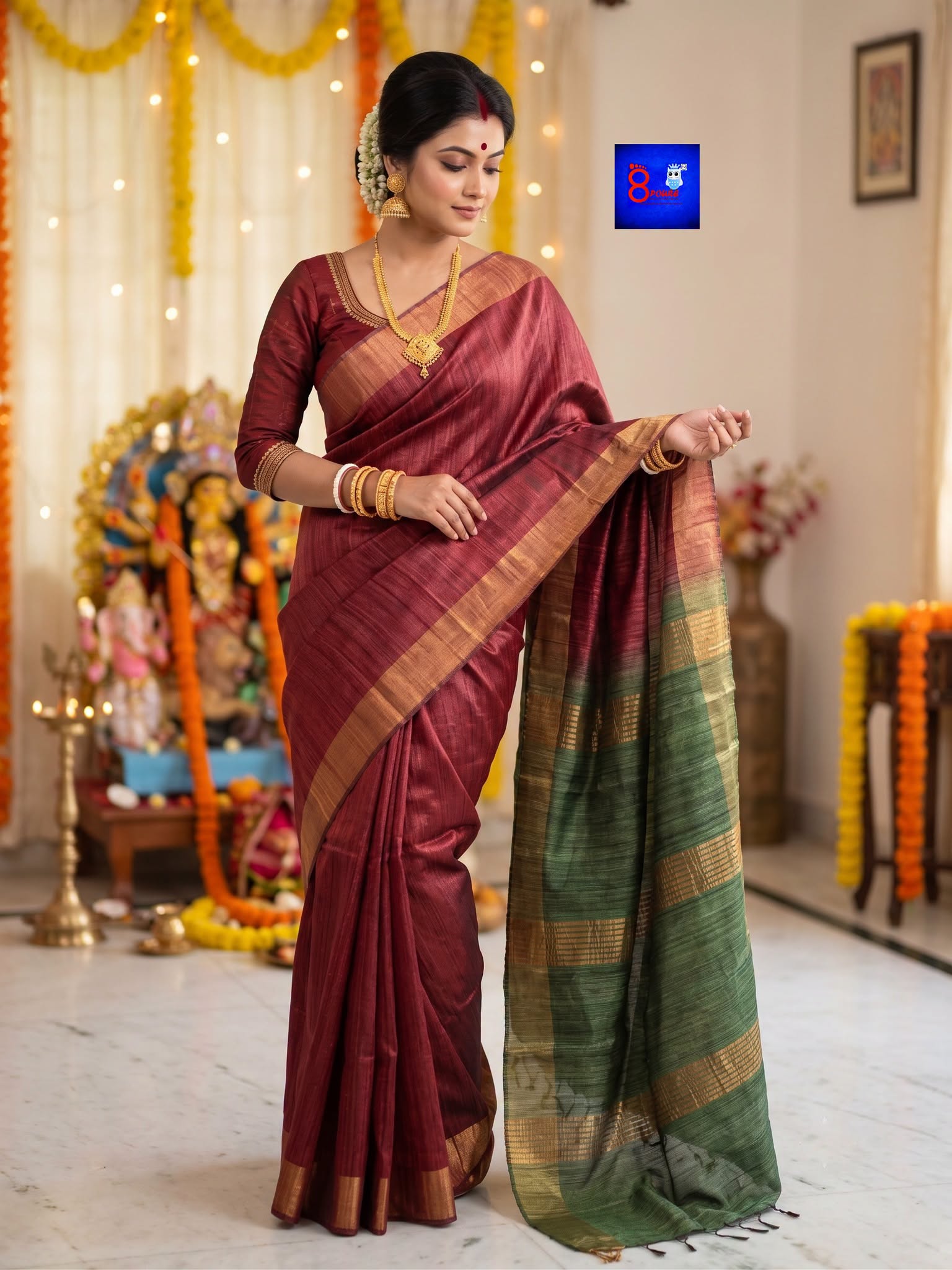 Authentic Handloom Pure Ghicha Silk Saree (Maroon with olive-green and gold accents)