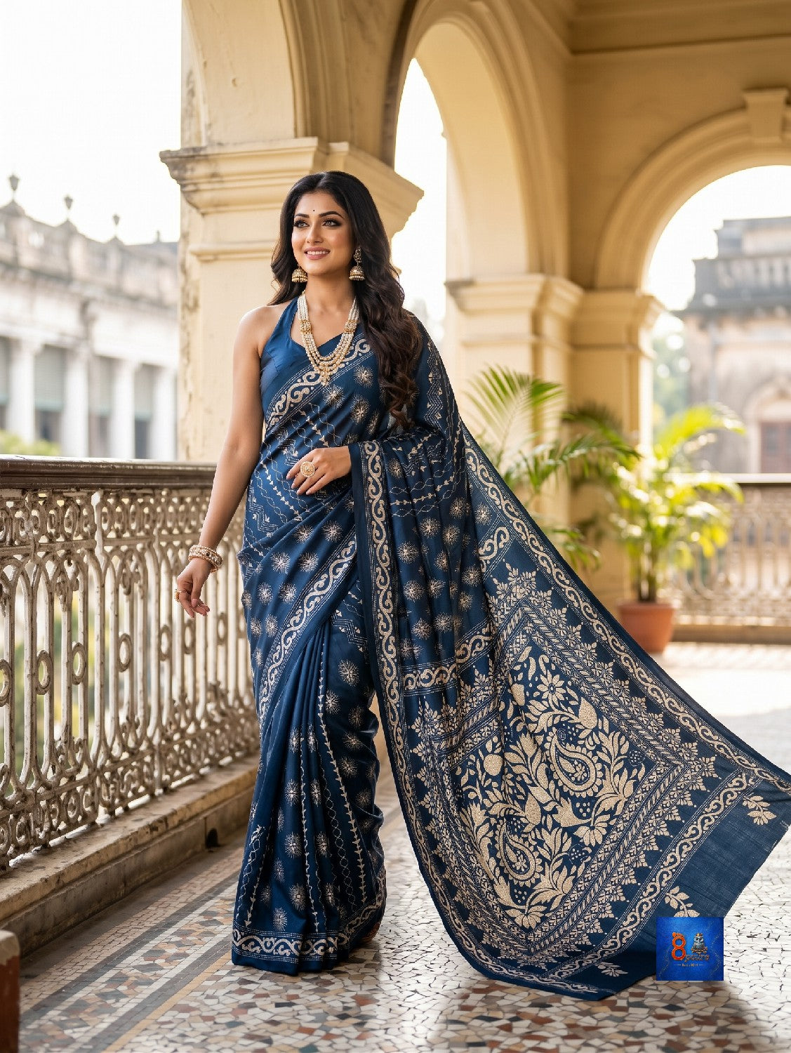 Blended Bangalore Silk Kantha Saree - Turquoise Blue