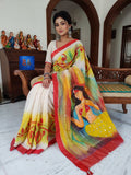 White Red Maa Durga Cotton Glittering Canvas Saree