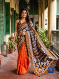 Jamkantha Saree - Orange & Black