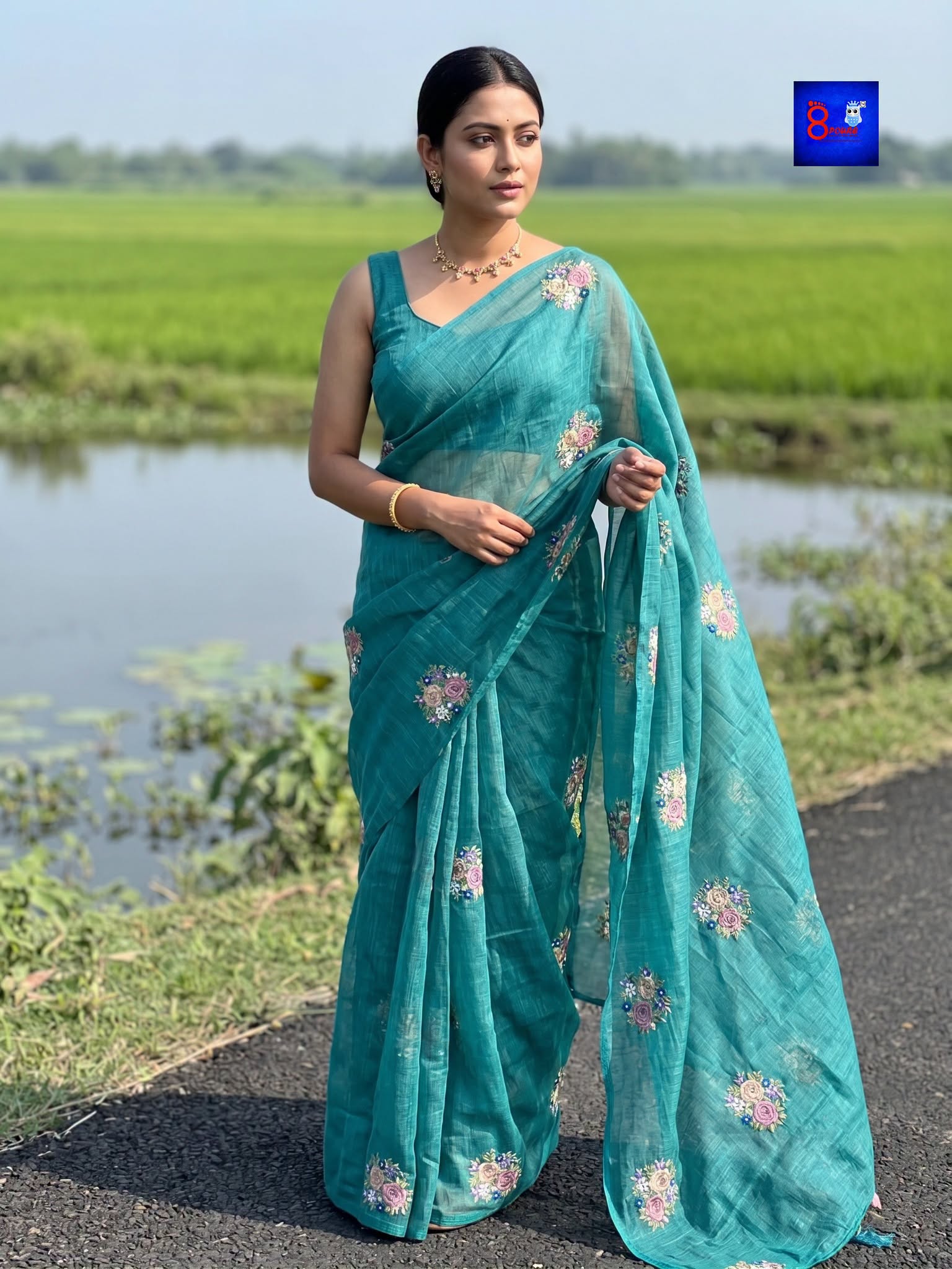Floral Embroidered Linen Saree