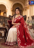 Hand Embroidered Pure Silk Saree - Red & White