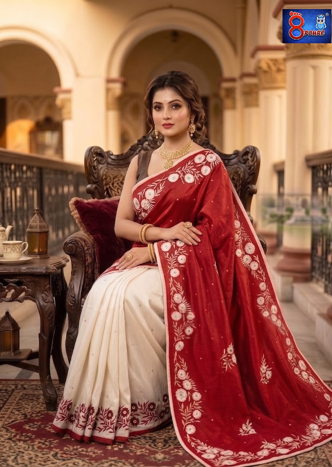 Hand Embroidered Pure Silk Saree - Red & White