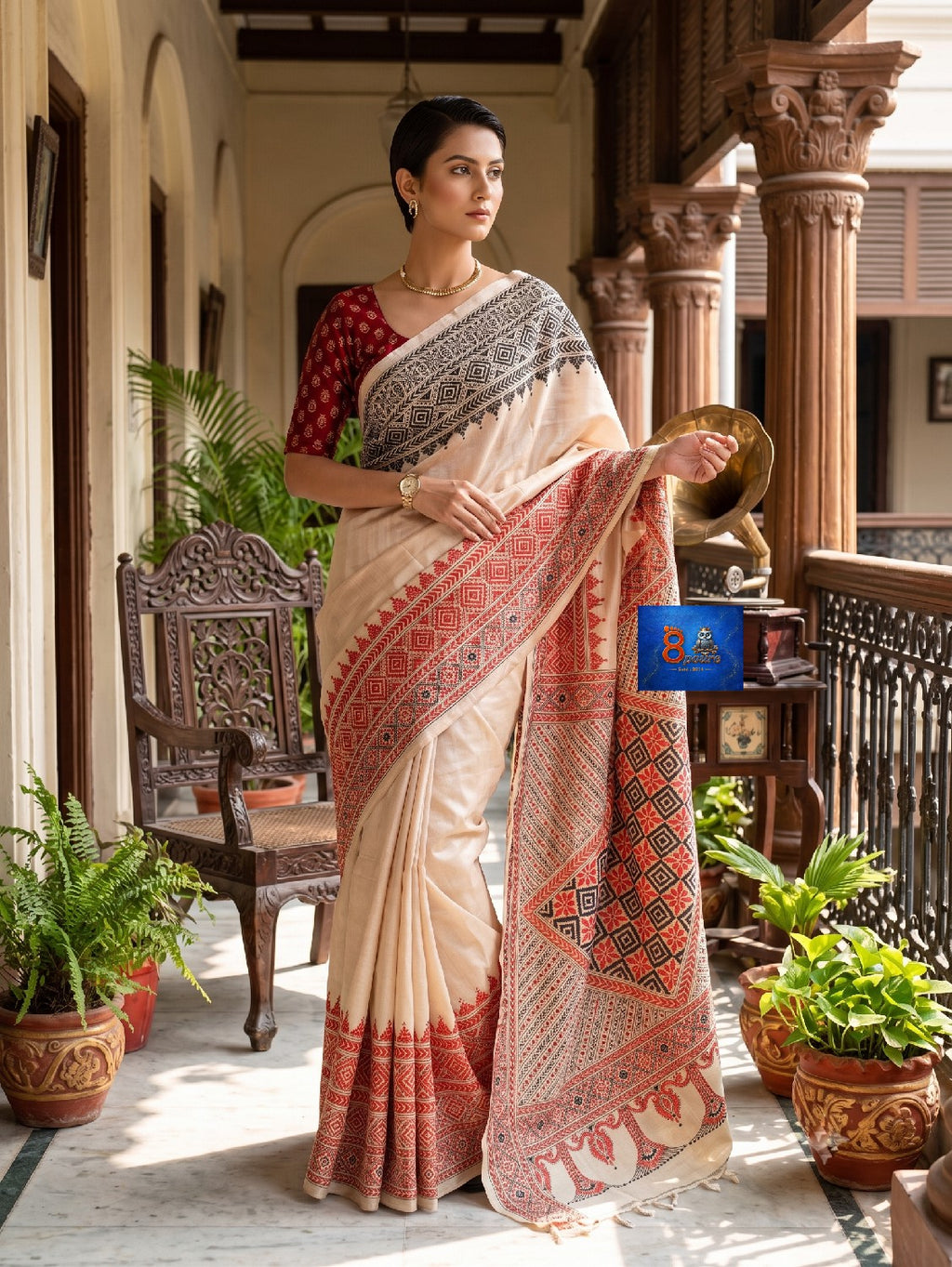 Pure Tussar Kantha Stich Saree - Beige Red & Black