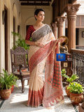 Pure Tussar Kantha Stich Saree - Beige Red & Black