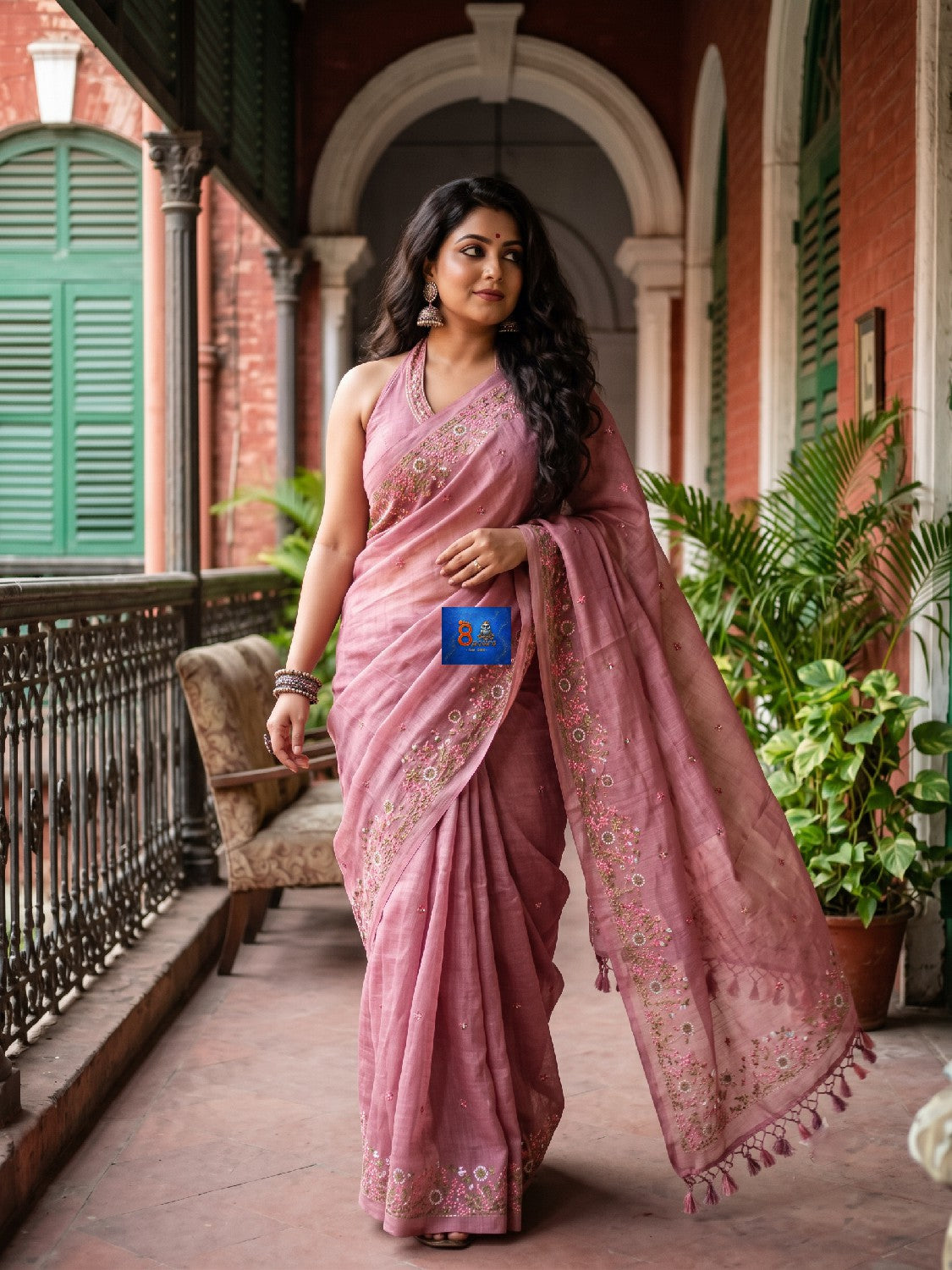 Pure Linen Kashmiri Embroidered Saree - Dusty Rose Pink