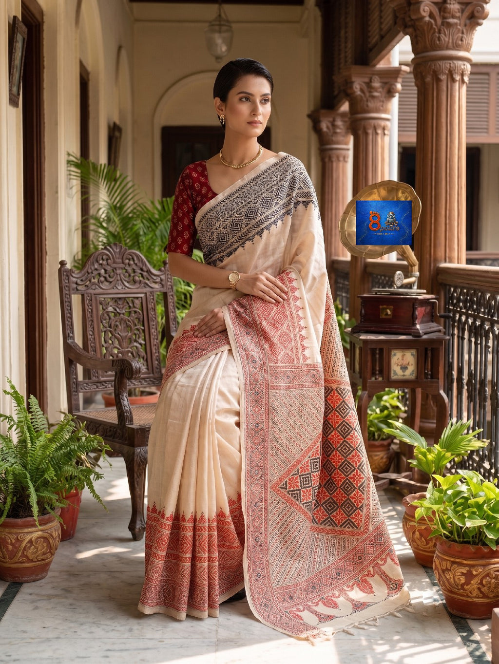 Pure Tussar Kantha Stich Saree - Beige Red & Black