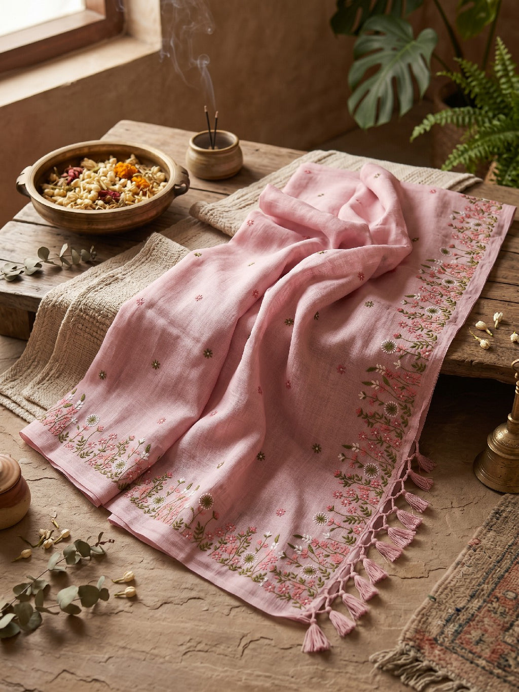 Pure Linen Kashmiri Embroidered Saree - Dusty Rose Pink