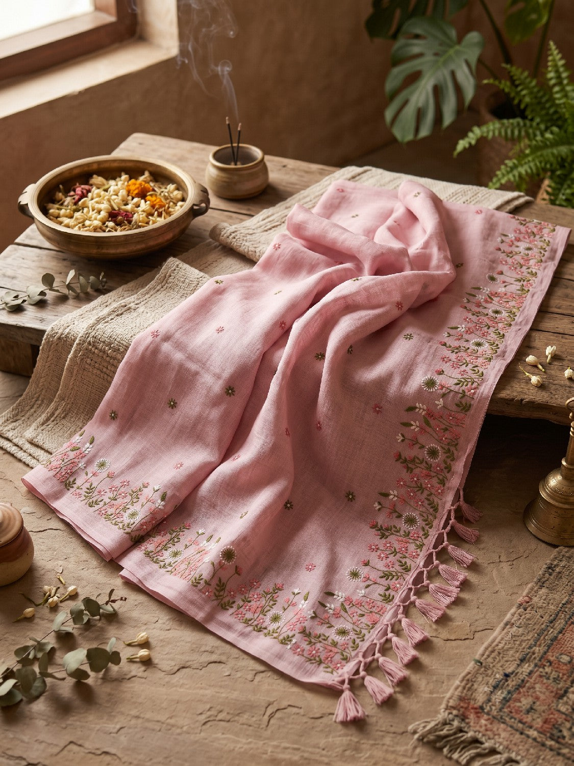 Pure Linen Kashmiri Embroidered Saree - Dusty Rose Pink