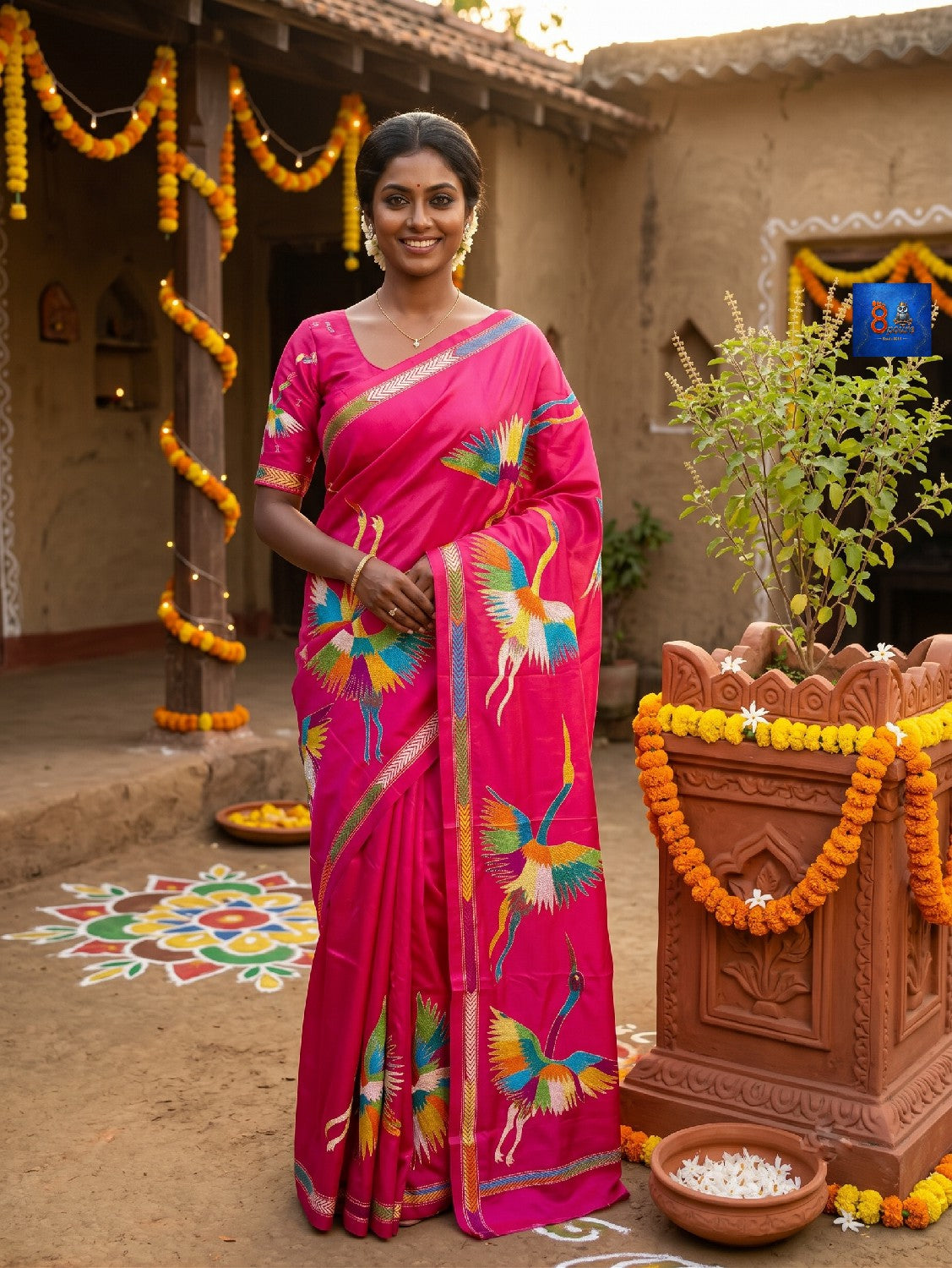 Blended Bangalore Silk Kantha Saree - Rani Pink