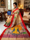 Beige Red Maa Durga Cotton Glittering Canvas Saree