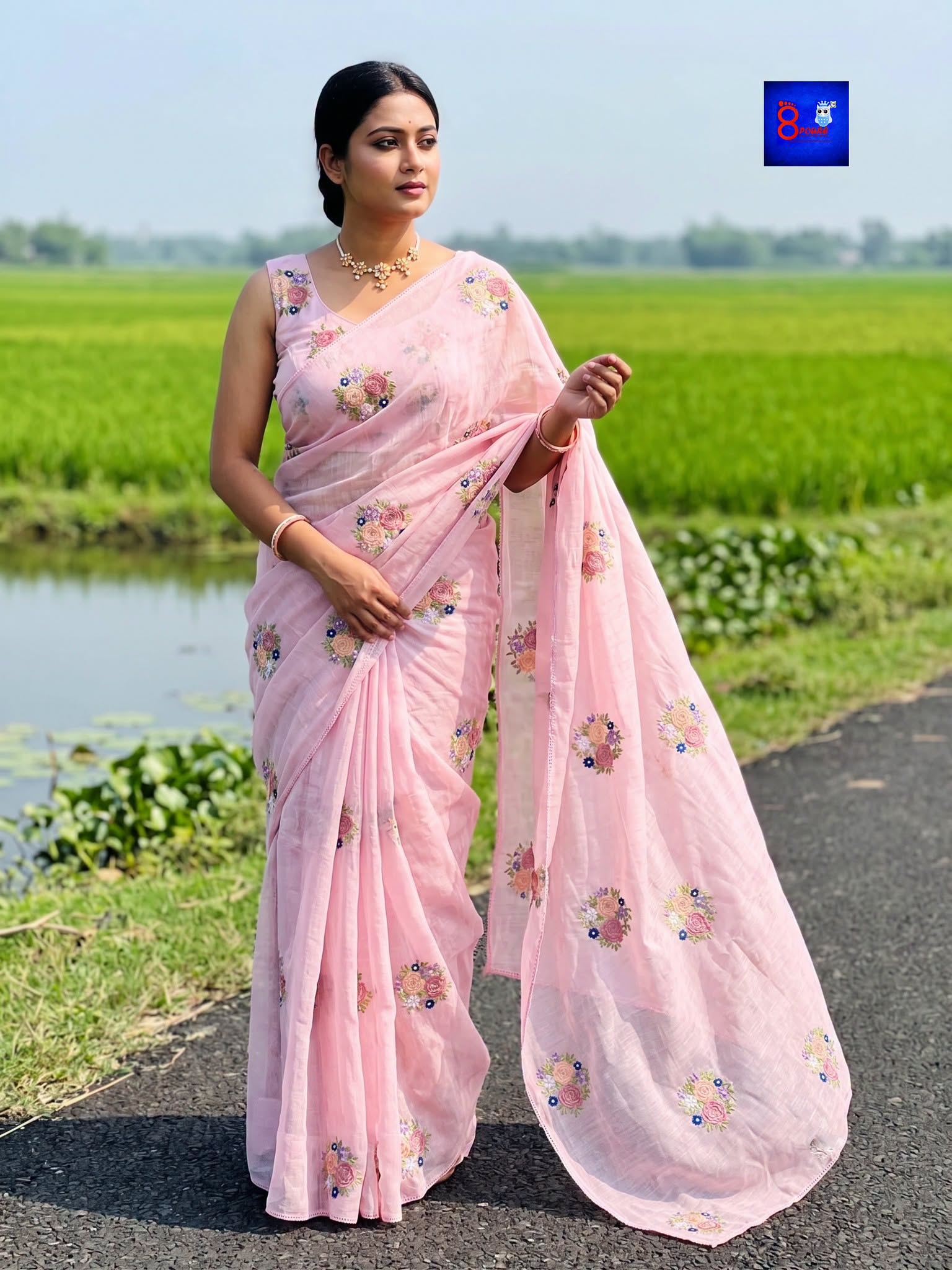 Floral Embroidered Linen Saree