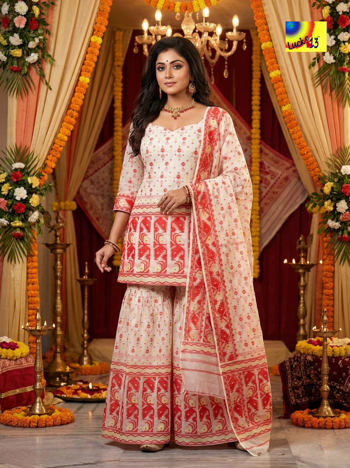 Jamdani Sharara 3-Piece Set - White Red