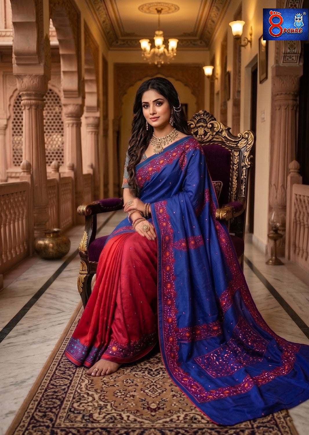 Hand Embroidered Pure Silk Saree - Red & Blue