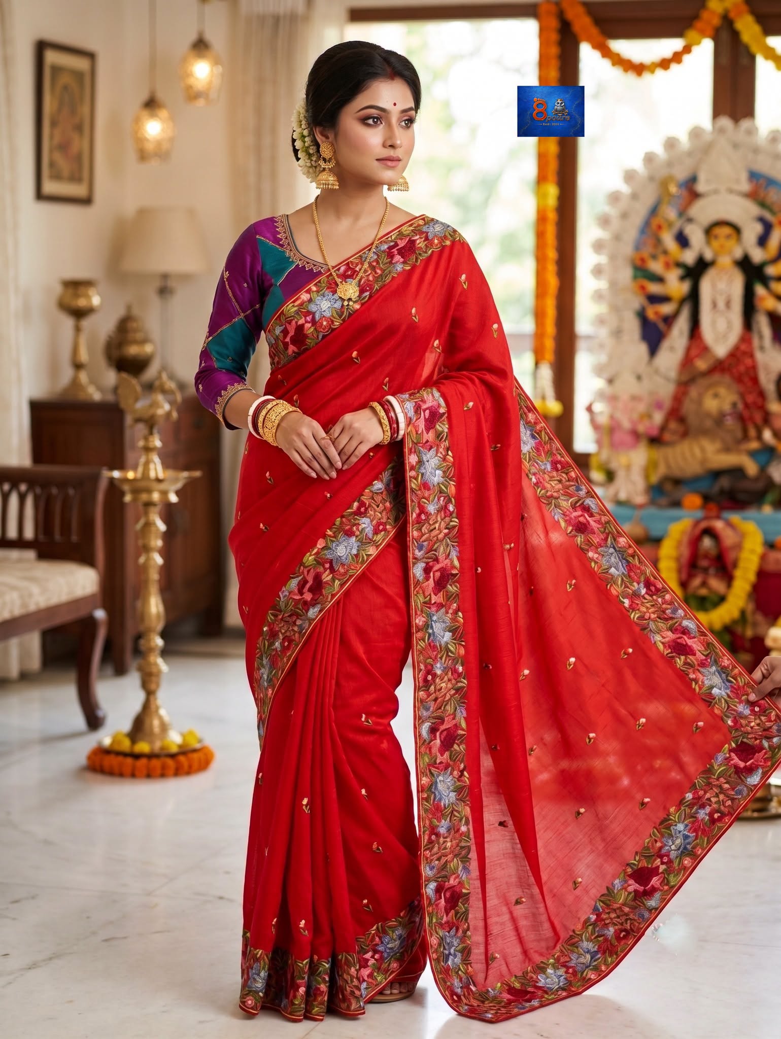 Gara Parsi Work On Pure Crushed Satin Saree - Scarlet Red