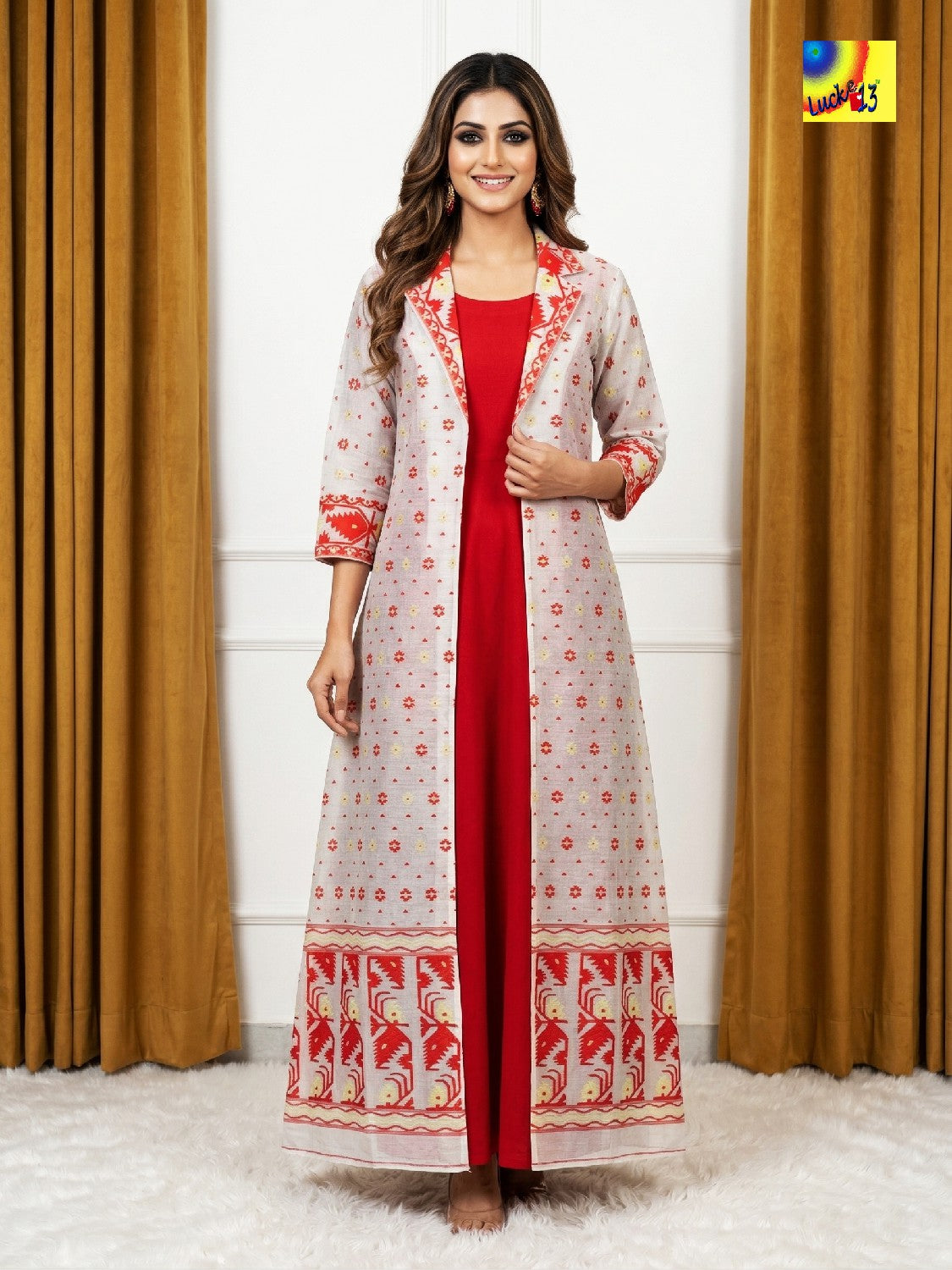 Jamdani Shrug & Cotton Sleeveless Dress set - Red & White