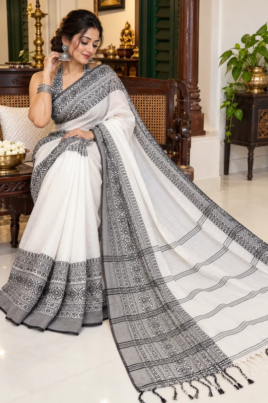 Fuliya Woven Khadi Saree - White Black Temple