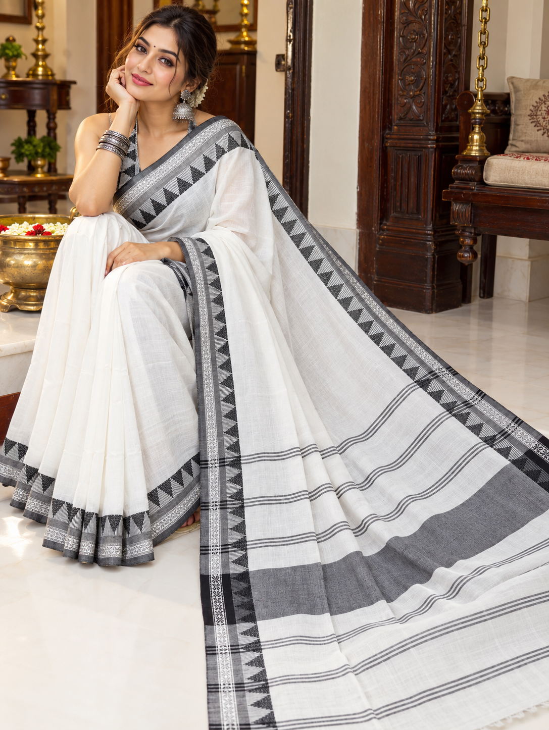 Fuliya Woven Khadi Saree - White Black Temple