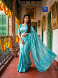 Pure Linen Tissue Saree | Sky