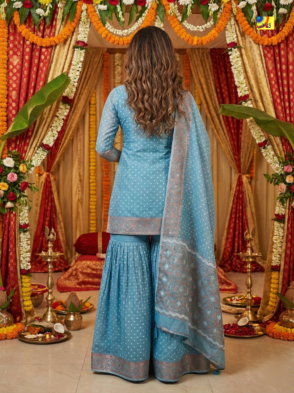 Jamdani Sharara 3-Piece Set - Sky Copper White