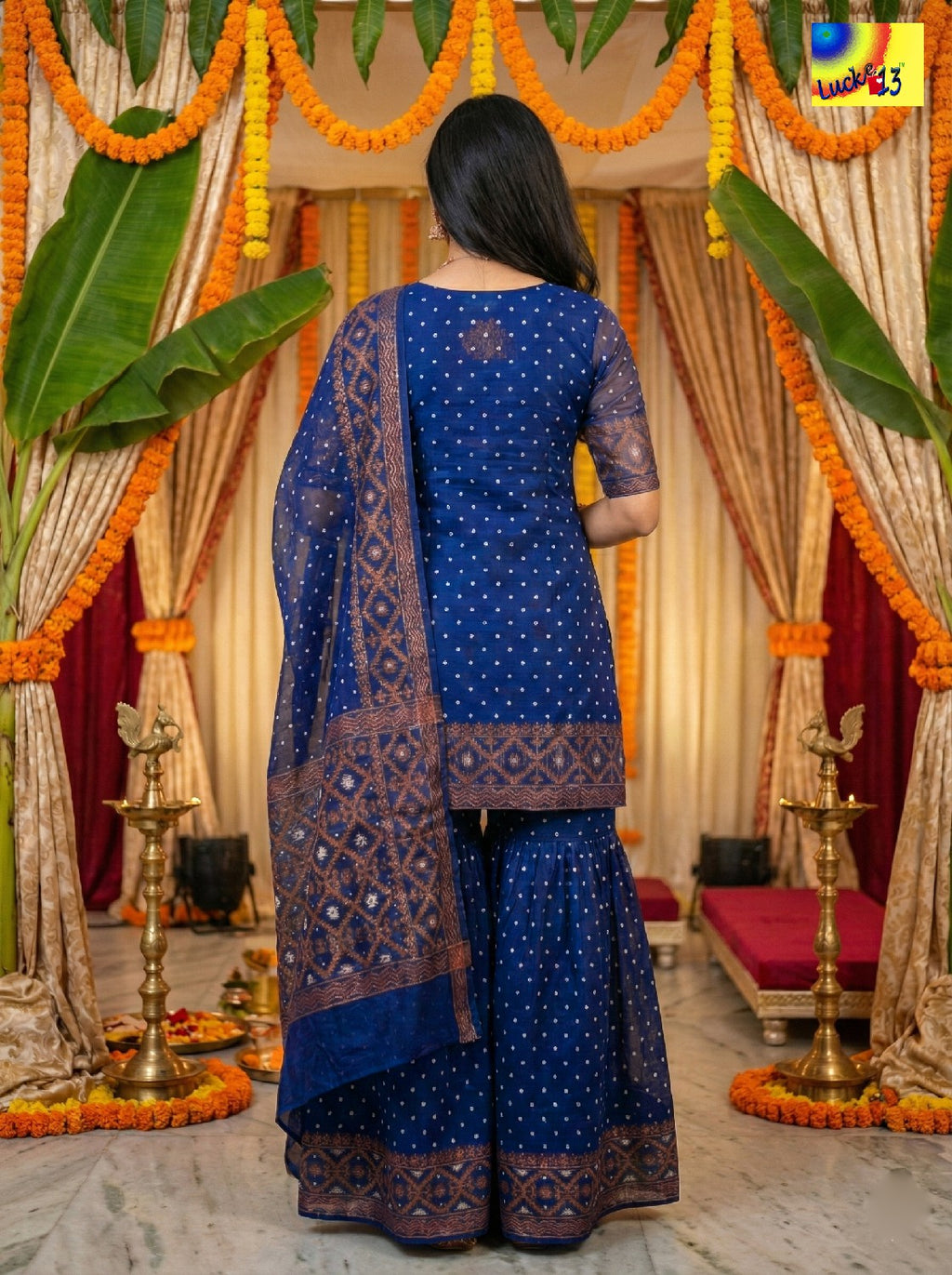 Jamdani Sharara 3-Piece Set - Royal Blue Copper Zari