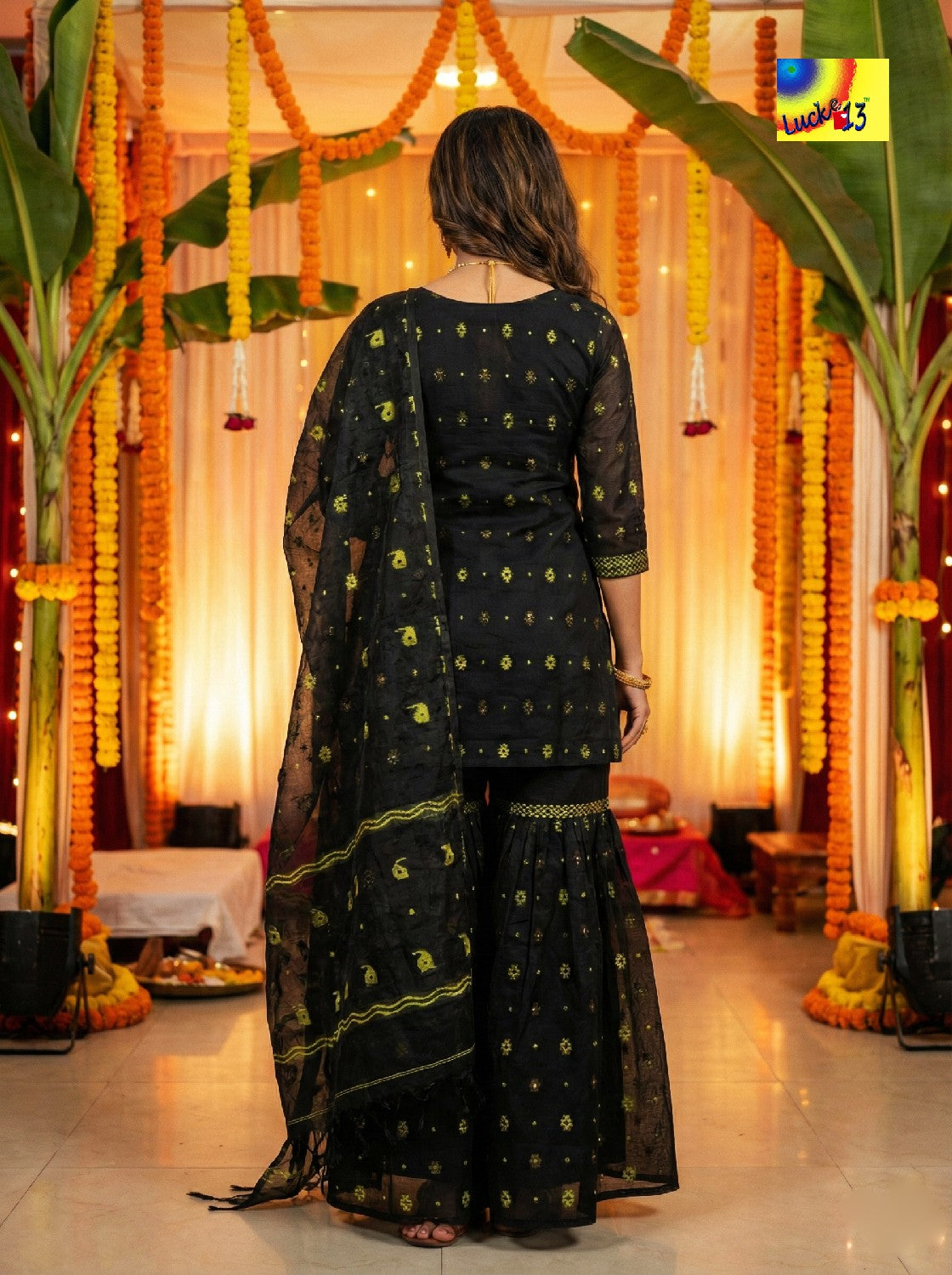 Jamdani Sharara 3-Piece Set - Black Golden Zari