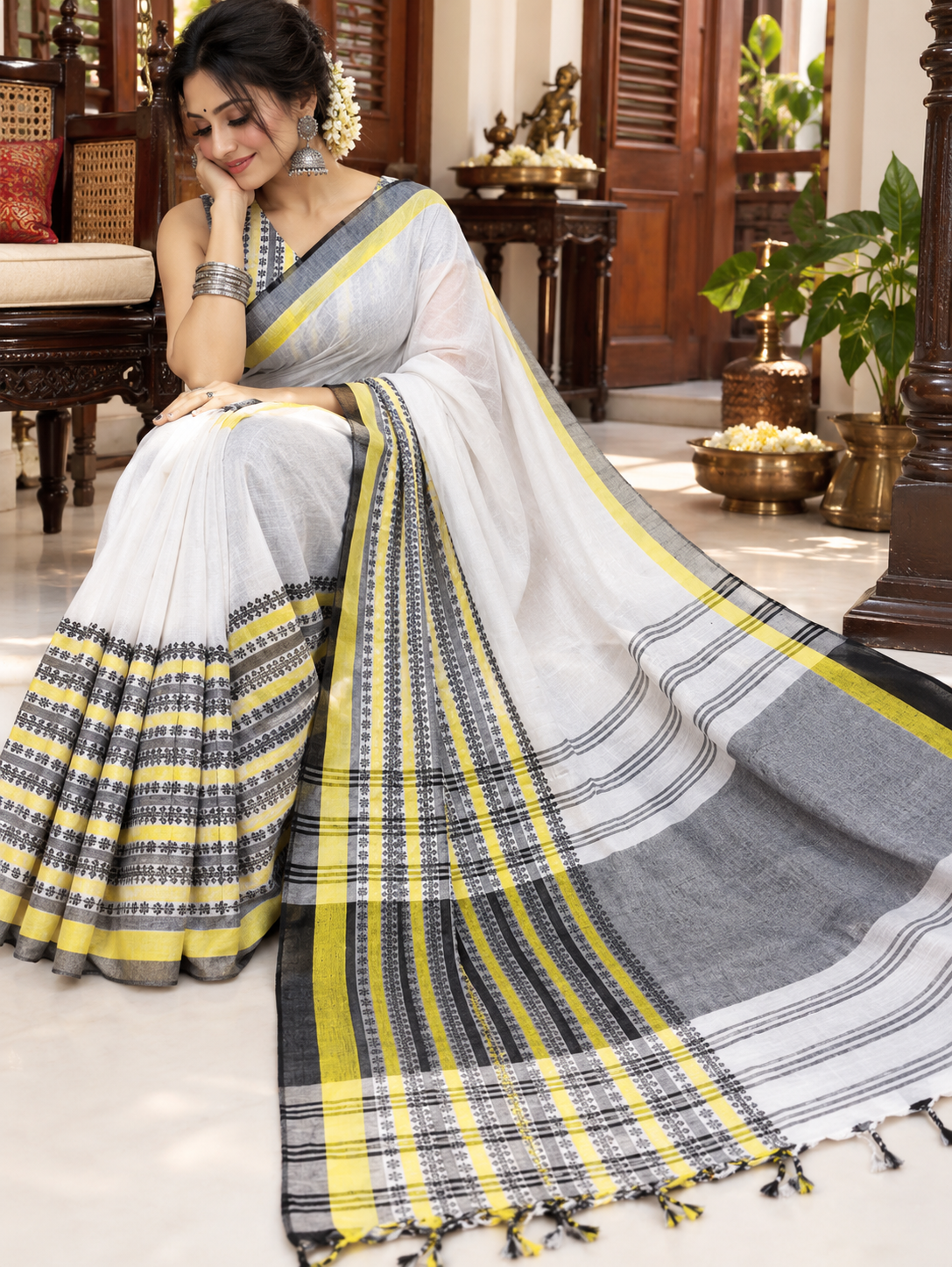 Fuliya Woven Khadi Saree - White Black Yellow