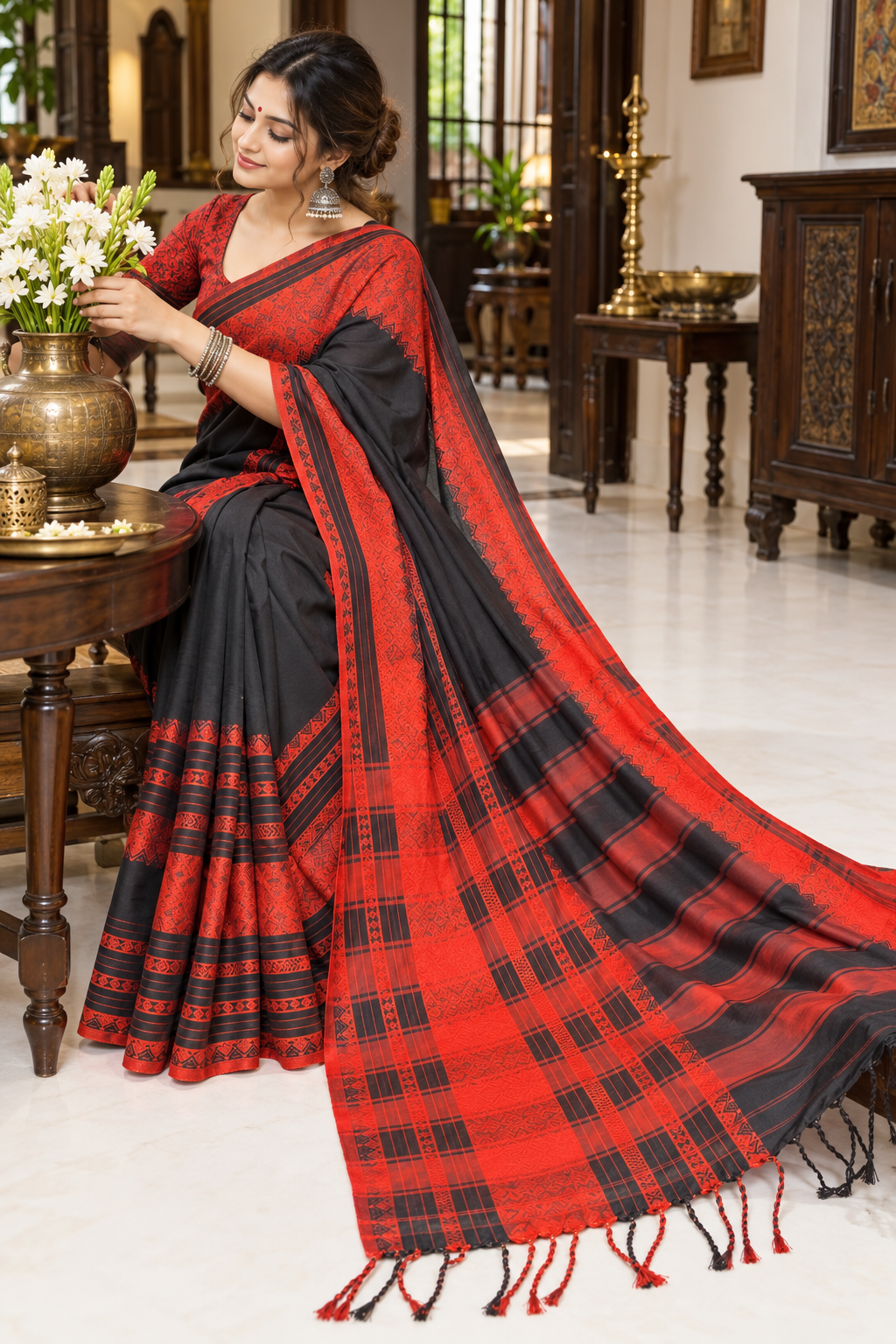 Fuliya Woven Khadi Saree - Black Red