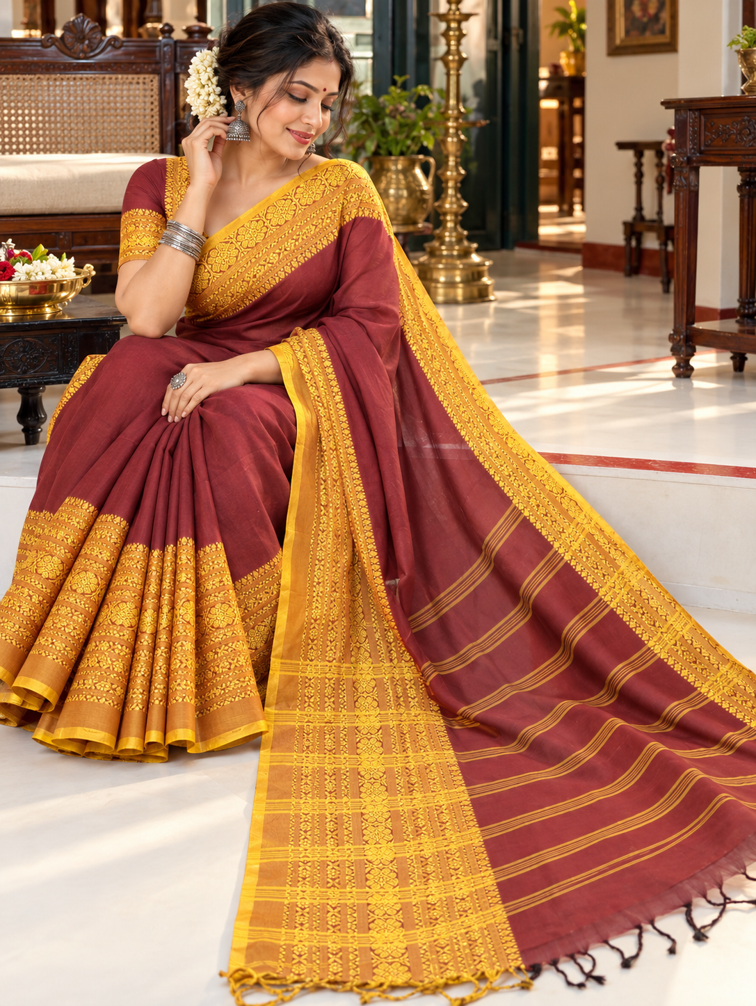 Fuliya Woven Khadi Saree - Maroon Yellow