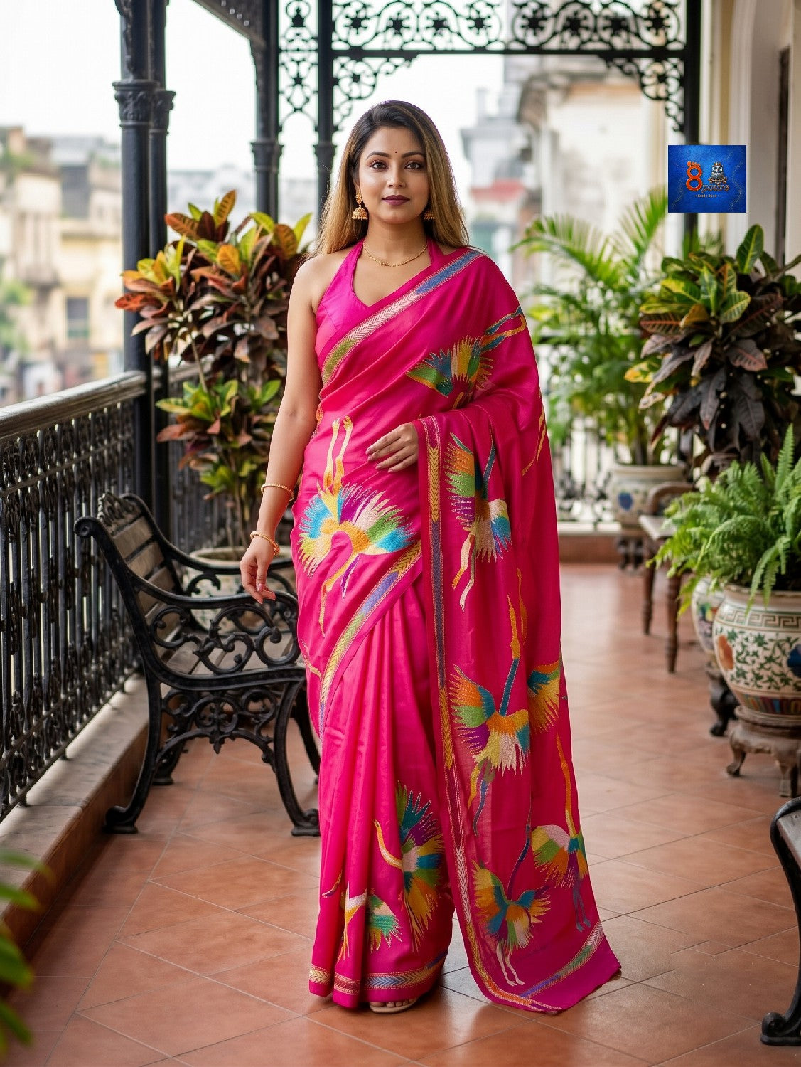 Blended Bangalore Silk Kantha Saree - Rani Pink
