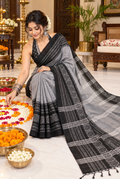 Fuliya Woven Khadi Saree - Grey Black
