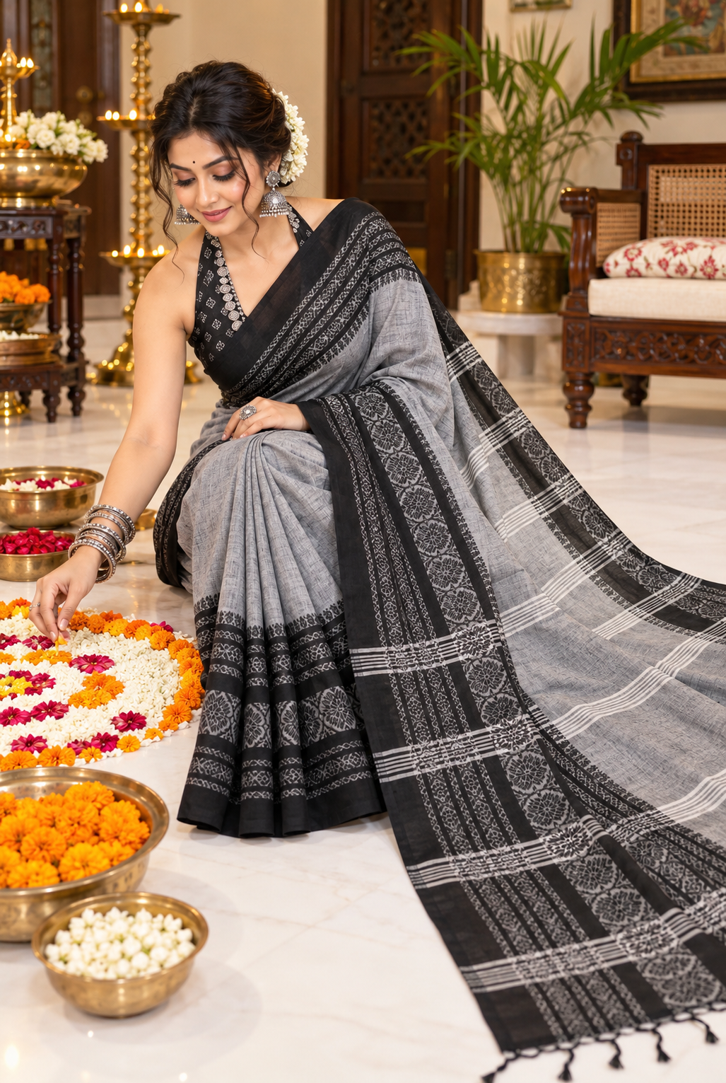 Fuliya Woven Khadi Saree - Grey Black