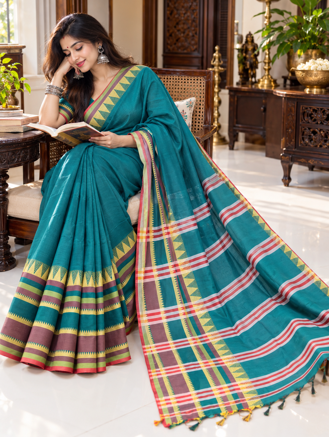 Fuliya Woven Khadi Saree - Sea Green