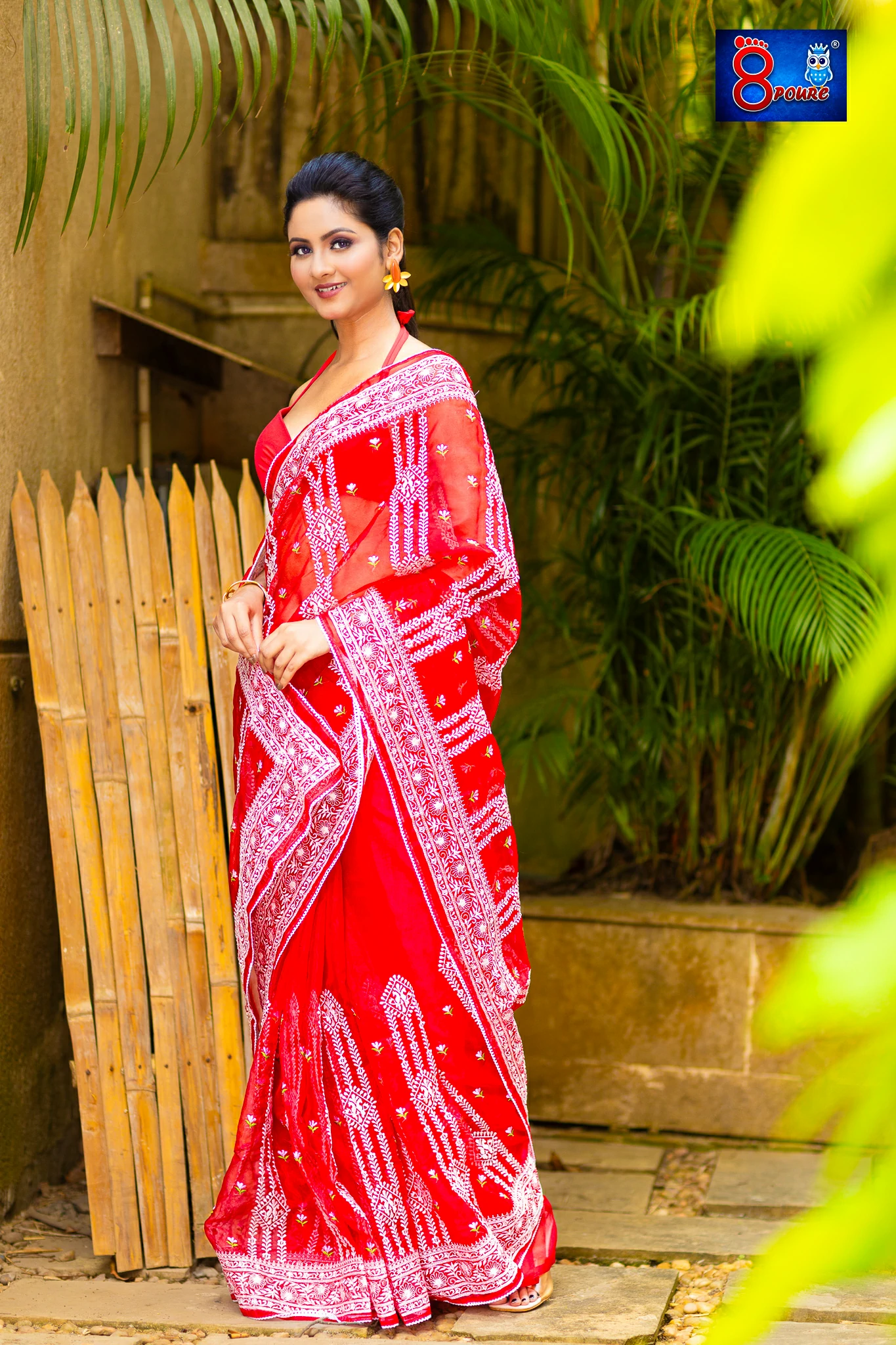 DESIGNER CHIKANKARI EMBROIDERY ORAGNZA SAREE | WITH BLOUSE PIECE | RED | OCB 04